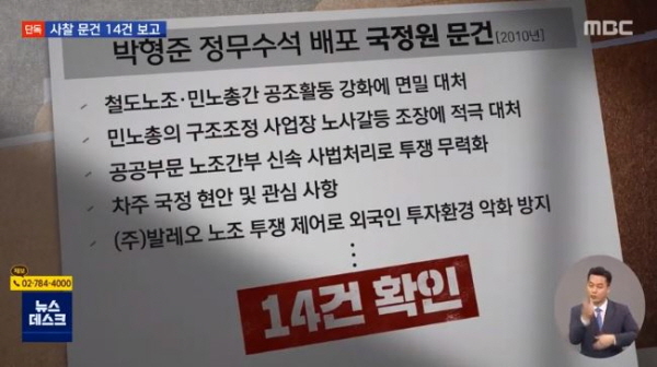 박형준 전 의원이 청와대 정무수석으로 재임했을 당시, 국정원으로부터 14건의 사찰성 문건을 보고받은 정황이 확인된 것이다. 문건 배포선엔 '정무수석'이 명시돼 있으며 문건 작성 기간 '정무수석'은 박형준 전 의원이었다. 문제의 문건을 보면 철도노조, MBC 노조, 공무원 노조 등을 공격하기 위한 공작 내용들이 줄줄이 담겨 있다. / ⓒ MBC