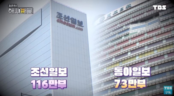 ABC협회는 2019년 '조선일보' 유료부수가 116만부라고 발표했지만, 문체부 조사결과 실제 유료부수는 그의 절반을 조금 넘기는 60만부 가량에 불과한 것으로 확인됐다. 결국 부수가 엄청 부풀려졌고, 해당 부수들은 엉뚱한 곳으로 향했다는 것이다. /ⓒ TBS교통방송