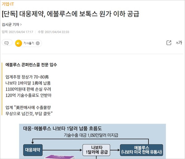 매경 대웅제약 오보 갈무리 화면. 해당 기사는 현재 삭제됐다.