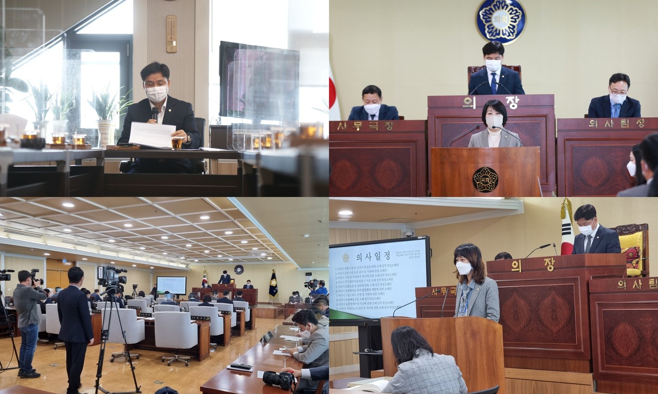 왼쪽 위부터 시계 방향으로 아산시의회 황재만 의장, 이의상 의원, 김미영 의원, 아산시의회 본회의장 회기 운영 모습./ⓒ김형태 기자