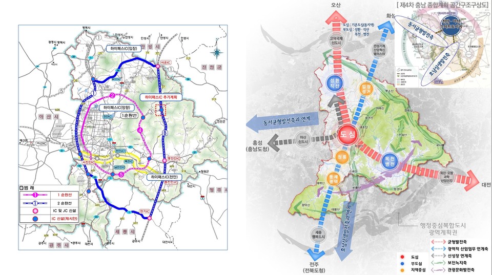 왼쪽부터 2035년 천안도시기본계획 도로순환망도와 2035년 천안도시기본구상도./ⓒ천안시