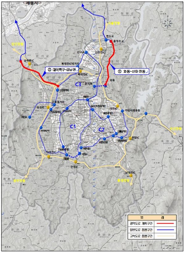 국가계획 반영 광역도로 노선도./©대전시