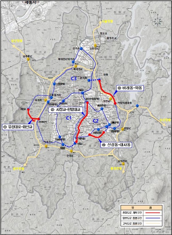 국가계획 반영 혼잡도로 노선도./©대전시