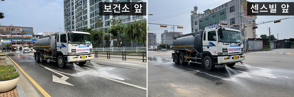 서산시가 도심 열섬현상을 완화하기 위해 살수차를 활용해 시내 주요 도로에  물을 뿌리고 있다./ⓒ서산시청