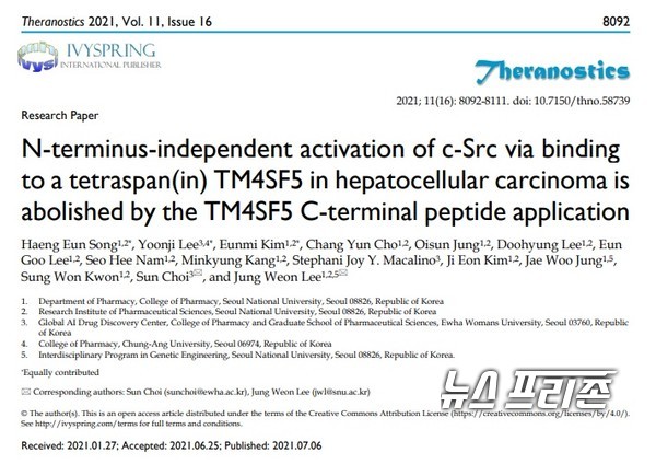 간암 등에 관여하는 대표적 종양단백질 c-SRC와 TM4SF5의 결합을 방해하기 위한 펩타이드를 제안한 서울대 이정원 교수팀 등 국내연구는  의학 분야 국제학술지 세라노스틱스(Theranostics)에 7월 6일 게재됐다./ⓒ세라노스틱스·서울대 이정원 교수