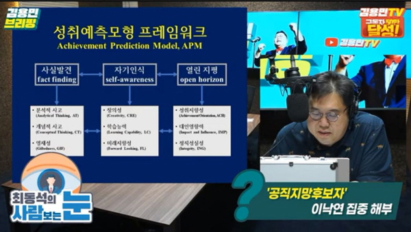 최동석 소장이 언급한 '성취예측모형 프레임워크'에 따르면 자기인식, 사실발견, 열린지평 세 부분이 존재한다. 최동석 소장은 "자기인식이 뚜렷해서 사실을 발견하려고 노력하고, 열린지평으로 무장한 사람들이 공직에 나와서 정치해야 한다"고 했다. 사진=김용민TV 방송화면