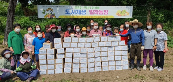 서산시 읍내동 주민들이 도시재생 밀착농장으로 가꾼 농작물을 독거노인 및 어려운 이웃에 전달에 앞서 기념사진을 찍고 있다./ⓒ서산시장