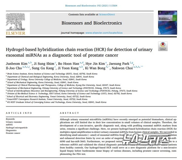 소변에 대단히 적은 양으로 존재하는 엑소좀 내 전립선암 관련 마이크로RNA를 검출할 수 있는 기술을 개발한 한국과학기술연구원(KIST) 등 국내연구는  바이오센서 분야 국제학술지 바이오센서스 & 바이오일렉트로닉스(Biosensors & Bioelectronics)에 7월 16일 게재됐다./ⓒ바이오센서스 & 바이오일렉트로닉스·KIST 최낙원 박사팀