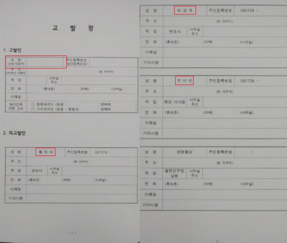 지난해 4월 3일 손준성 당시 대검찰청 수사정보정책관이 김웅 당시 미래통합당 송파 갑 국회의원 후보자에게 전달한 고발장 일부. 고발인란은 빈칸이며 피고발인란에 황희석, 최강욱 당시 열린민주당 비례대표 후보와 유시민 노무현재단 이사장의 이름이 적시돼 있다.     © 뉴스버스