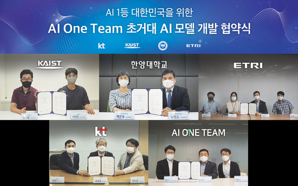 AI원팀의 KT, ETRI, KAIST, 한양대학교 관계자들이 온라인으로 진행된 공동 연구협약식을 마치고 기념사진을 촬영하고 있다. 왼쪽 위부터 시계방향으로 KAIST 김기응 교수, KAIST 서민준 교수, 한양대학교 백은옥 교수, 한양대학교 노영균 교수, ETRI 임준호 박사, ETRI 민옥기 본부장, ETRI 이윤근 소장, ETRI 김영길 실장, KT AI 원팀 KT AI/Bigdata기획담당 이홍철 상무, KT 송재호 AI/DX융합사업부문장, KT 최준기 AI/DigData사업본부장, KT 융합기술원 AI Core2담당 장두성 상무, KT 홍경표 융합기술원장, KT 융합기술원 플랫폼연구소 김봉기 소장. /ⓒKT