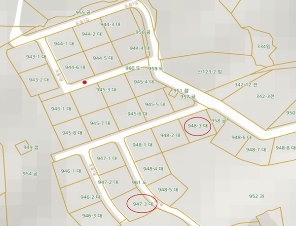 S씨가 자신이 계약한 필지는 바꿔치기 됐다고 주장하는 필지 (계약 시 필지948-3번지와 분양 시 필지947-3번지) 도면 / ⓒ 김영만 기자