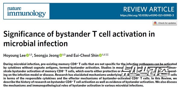 감염질환에서 방관자(bystander) T세포 활성화의 중요성을 강조한 연구결과를 발표한 카이스트 신의철 교수팀 연구는 국제 면역학 저명 학술지인 네이처 이뮤놀로지(Nature Immunology)에 8월 5일 게재됐다./ⓒ네이처 이뮤놀로지·카이스트 신의철 교수팀