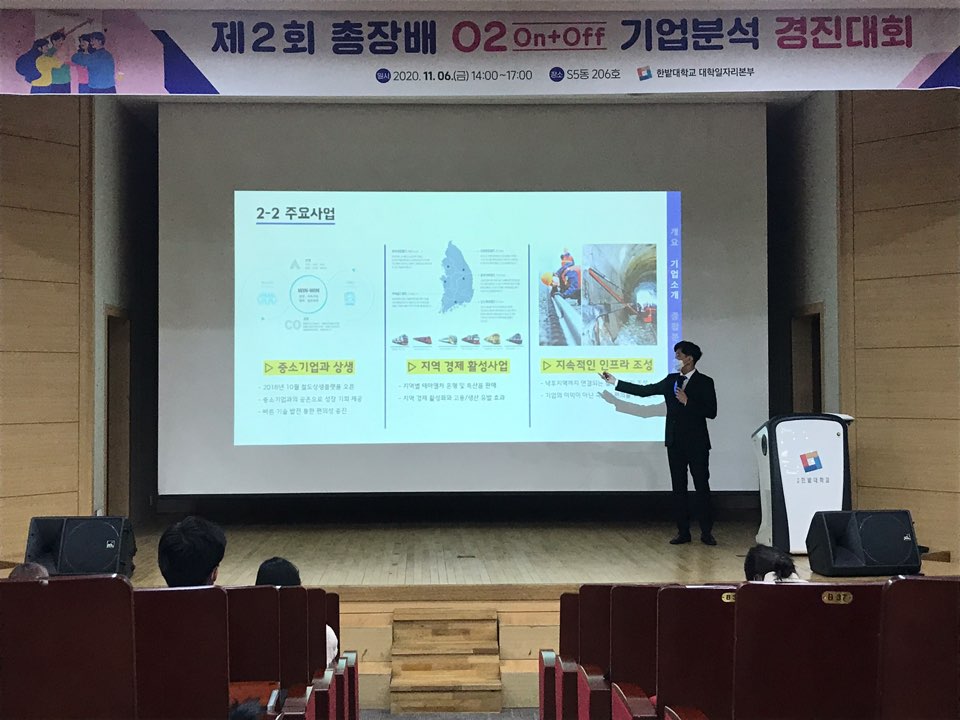 국립 한밭대학교 대학일자리본부는 오는 29일까지 ‘제3회 총장배 기업분석 경진대회’ 참여자를 모집한다. 사진은 지난해 '한밭대 제2회 총장배 기업분석 경진대회' 발표 모습./ⓒ한밭대학교