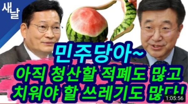 최근 들어 광범위하게 사용되는 정치권의 '수박'이라는 용어는 겉으로는 개혁적인 척하면서, 뒤로는 기존 기득권 세력과 야합하며 개혁을 방해하는 정치인을 뜻하는 신조어다. 즉 겉은 푸른데 속은 빨간, 겉과 속이 다른 '표리부동한' 정치인을 뜻한다. 사진=새날 방송화면