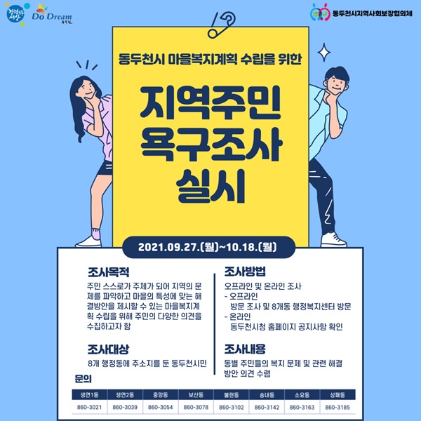 동두천시(시장 최용덕)는 2022년도 동두천시 마을복지계획수립을 위해 이달 27일부터 10월 18일까지 한 달간 지역주민 욕구조사를 실시한다고 27일 밝혔다. 사진제공=동두천시청