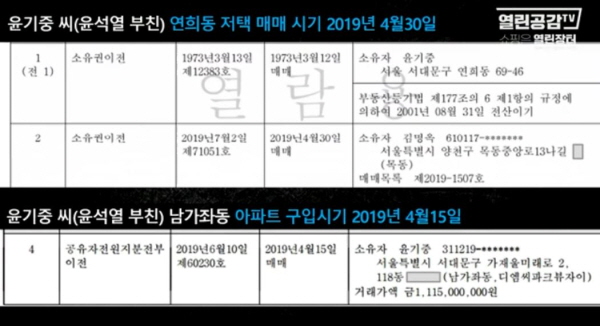 '열린공감TV'는 "(윤기중 교수가)미리 사둔 아파트로 들어가 살았는데 무슨 건강 때문에 급매를 했단 말인가. 천천히 시세대로 받아도 될 집을 왜 굳이 다운계약을 한단 말인가. 세금탈루 의혹이 의심된다"라고 일갈했다. 사진=열린공감TV 방송화면