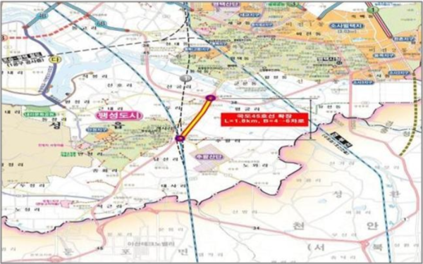 평택시는 국도 45호선 팽성읍 추팔공단 사거리에서 신궁교차로까지 약 1.5㎞구간 확장 사업이 제5차 국도･국지도 건설 5개년 계획(2021~2025)에 최종 확정 반영됐다.(사진=평택시)