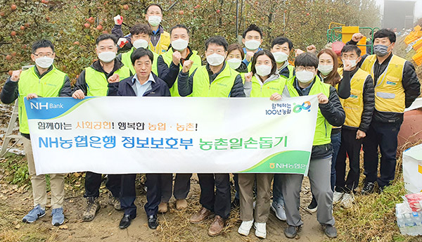 NH농협은행 정보보호부 직원들이 2일 연천군 백학면에 소재한 사과재배 농가를 방문하여 일손돕기 전 기념촬영을 하고 있다. /ⓒNH농협은행