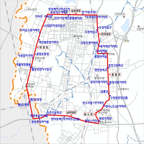 도심순환급행버스 운행-운행노선도 및 정류장(사진=천안시).