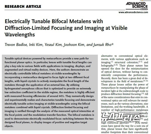공동으로 빛을 효과적으로 집속시키는 메타렌즈에 빛의 진동방향을 제어해줄 액정층을 도입한 경량화된 다초점 렌즈 시스템을 구현한 포항공대 노준석 교수팀 등 국내연구는 국제학술지 어드벤스드 사이언스(Advanced Science)에 11월 첫째 호 게재됐다.(자료=어드벤스드 사이언스·포항공대 노준석 교수팀)