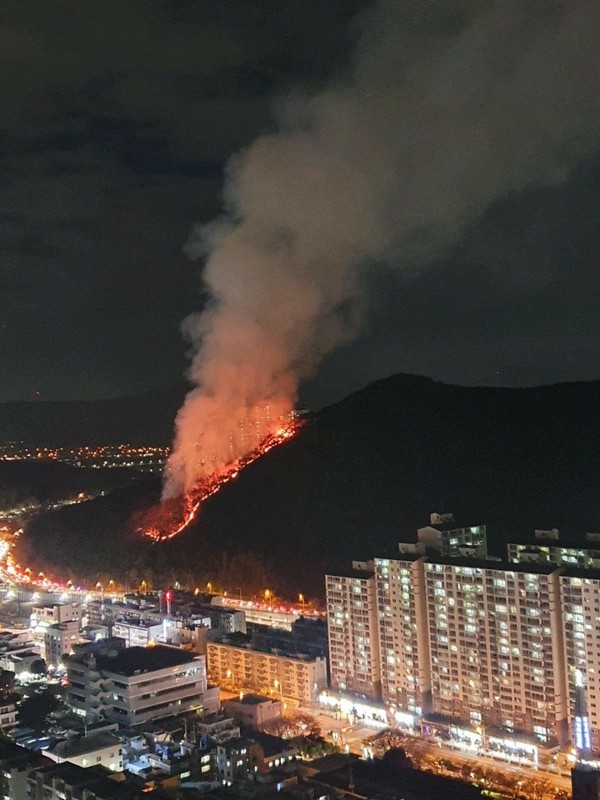 29일 오후 6시쯤 부산 북구 덕천동 금정산 자락에서 산불이 발생했다.